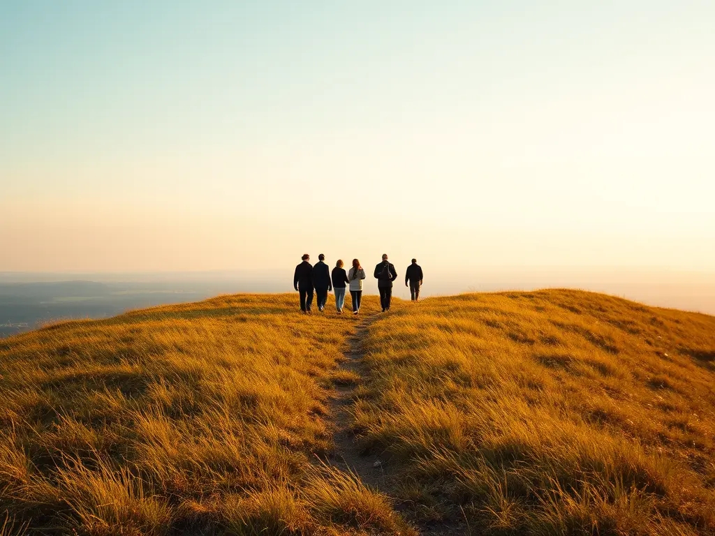 A group of six people walks together along a path on a grassy hilltop towards the horizon at sunset. This image represents a team's journey, collective progress, and shared direction, key aspects explored in team coaching