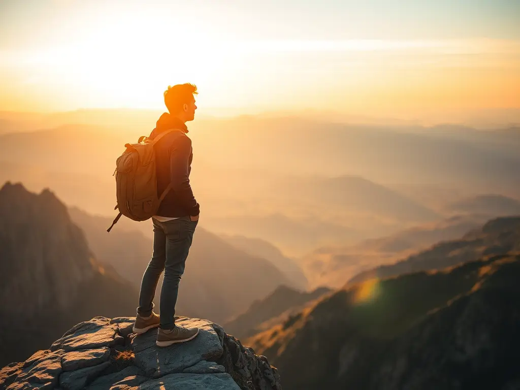 A lone hiker with a backpack stands on a mountain peak, looking out at a vast, sunlit landscape. This image represents the journey and new horizons often explored in transition coaching, symbolizing reflection, possibility, and the path ahead