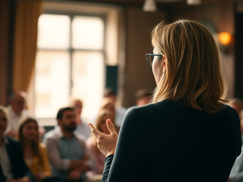 A speaker, seen from behind, gestures to an engaged audience during a presentation or workshop. This illustrates skilled group facilitation and impactful speaking engagements